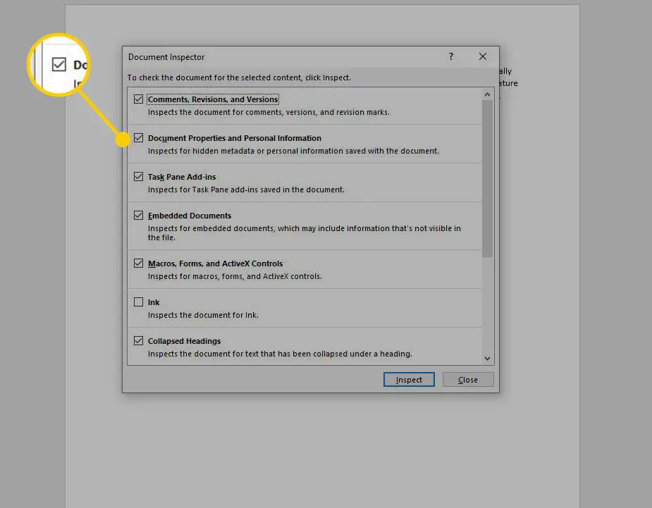 Documenteigenschappen en persoonlijke informatie in Document Inspector