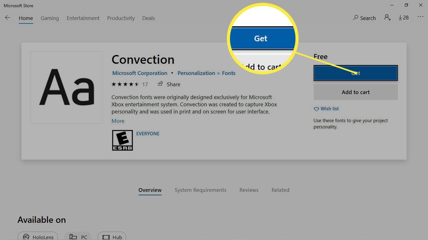 De knop Get gemarkeerd om te downloaden in de Microsoft Store.