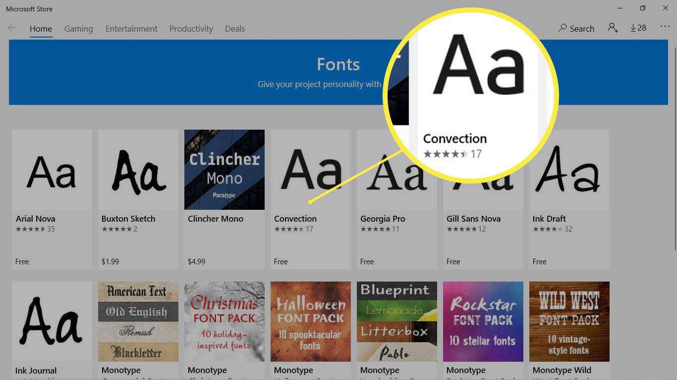 Het lettertype Convectie gemarkeerd in de Microsoft Store.