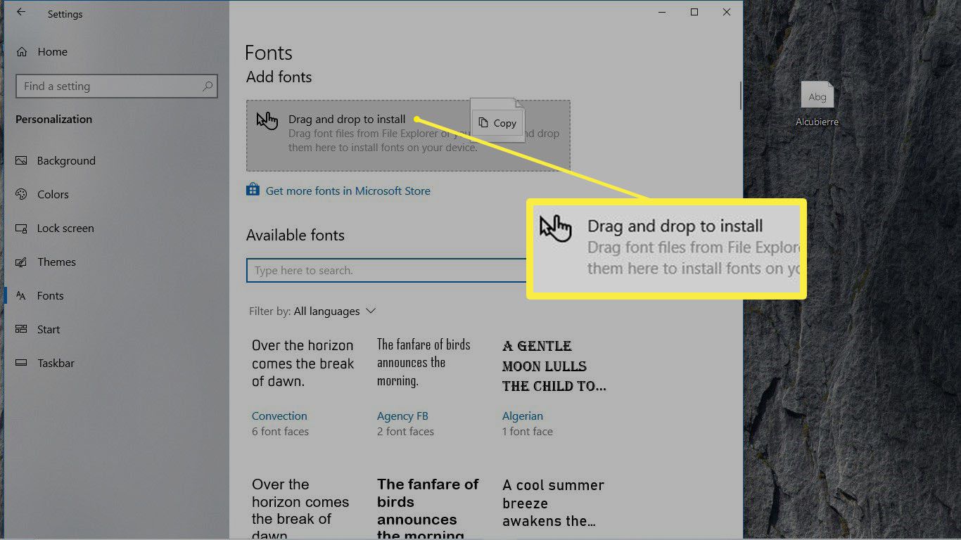 Een gemarkeerd gebied in het voorkeurenpaneel Lettertypen waar u een lettertypebestand in Windows 10 kunt slepen en neerzetten.