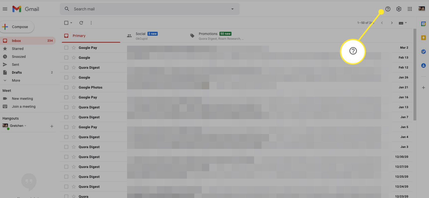 Selecteer in Gmail Ondersteuning (vraagteken). 