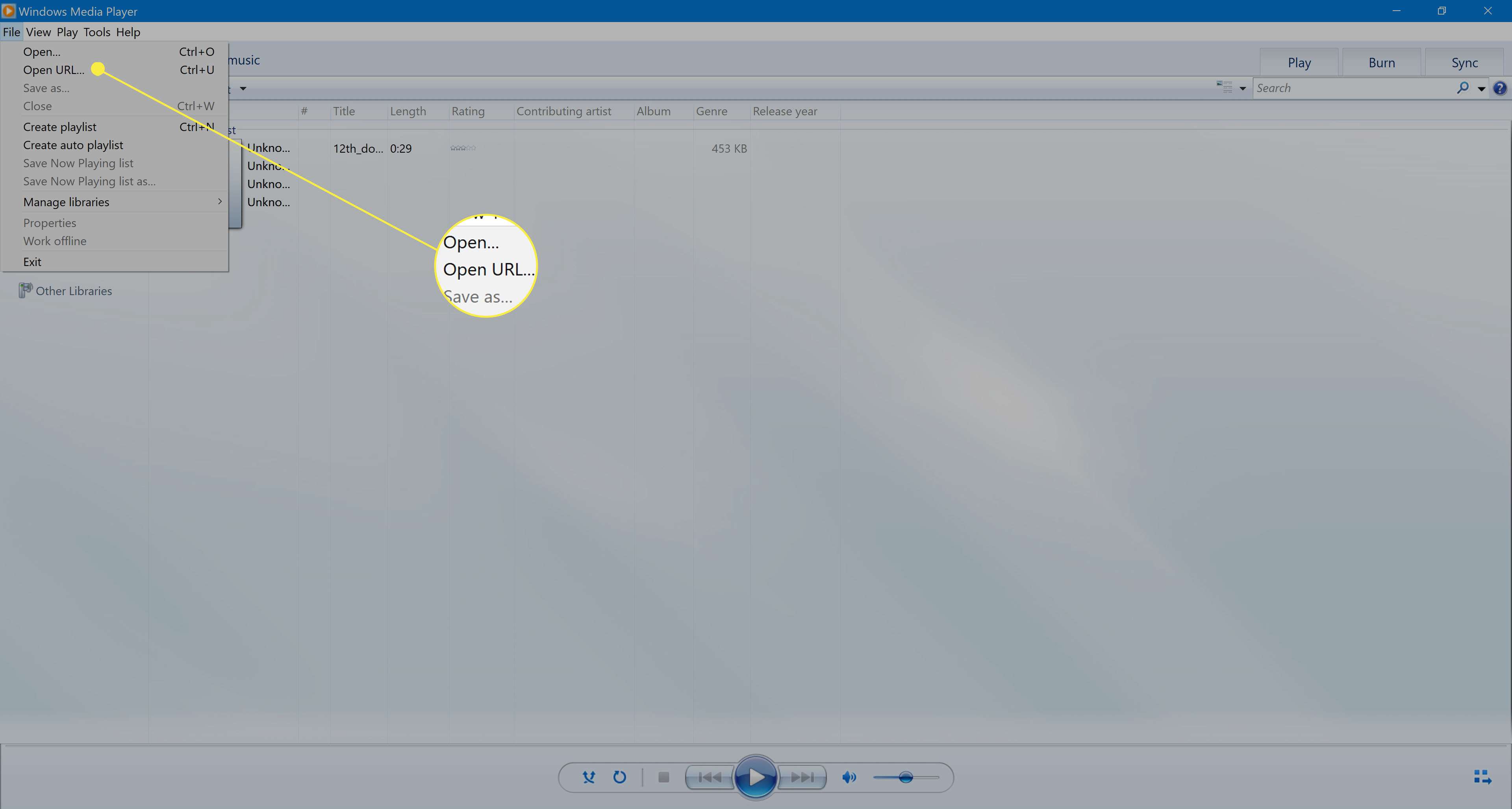 Open URL selecteren in Windows Media Player 12.