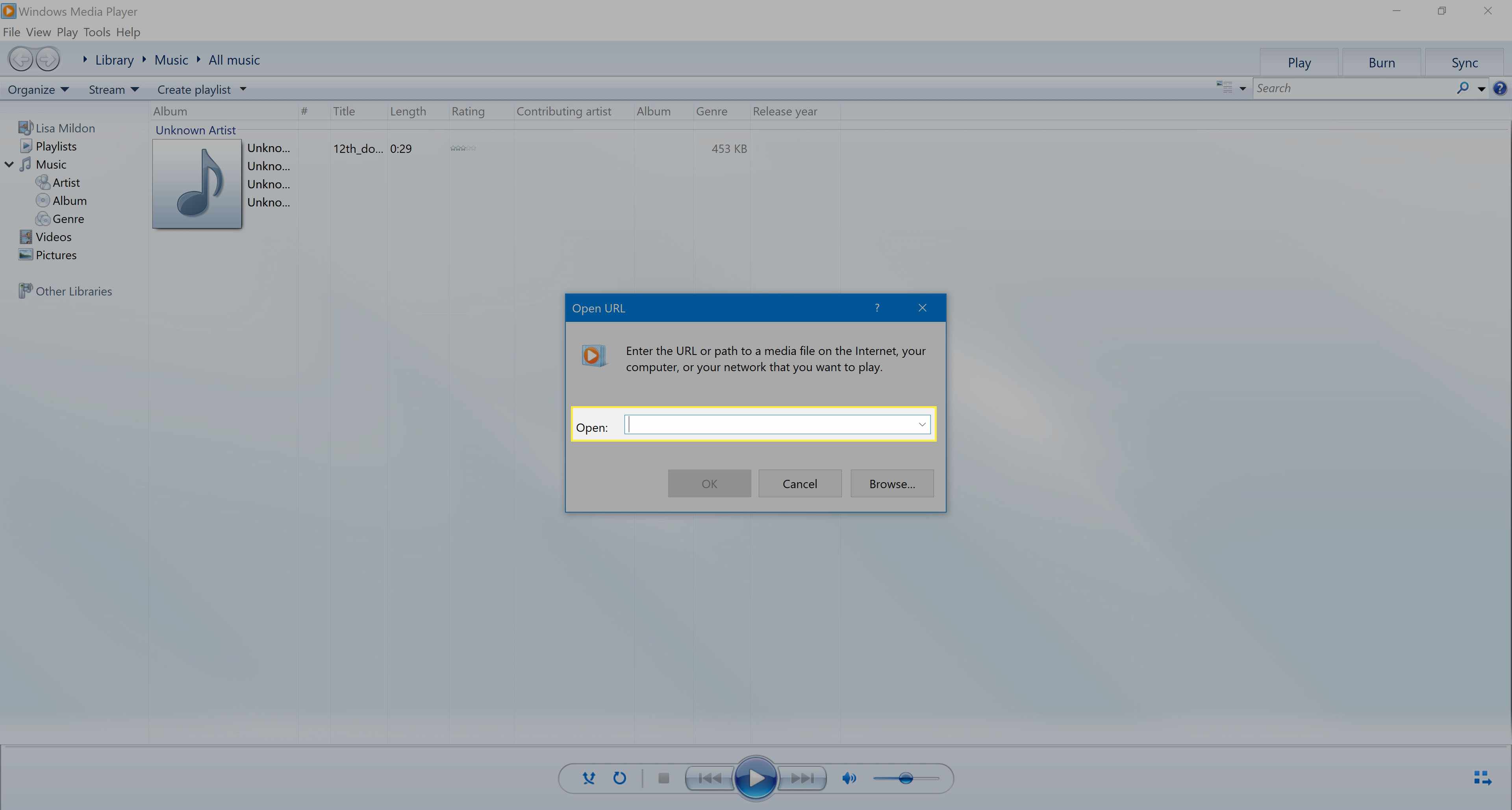 Het dialoogvenster URL openen in Windows Media Player 12.