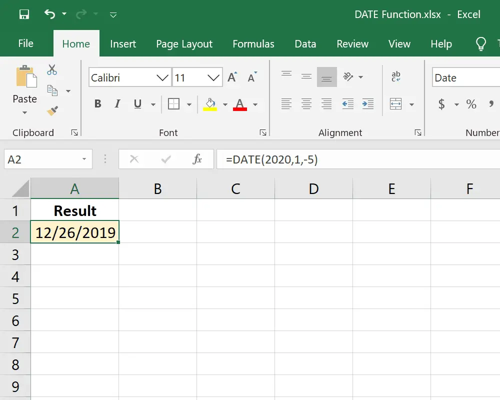 Excel DATE-functievoorbeeld met negatieve dag