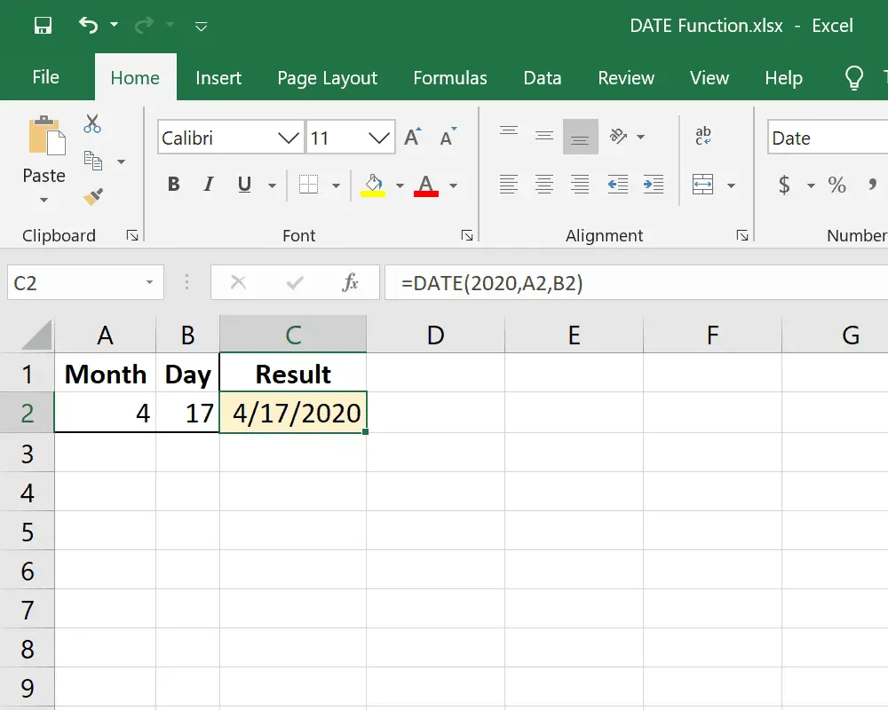 DATE-functievoorbeeld in Excel