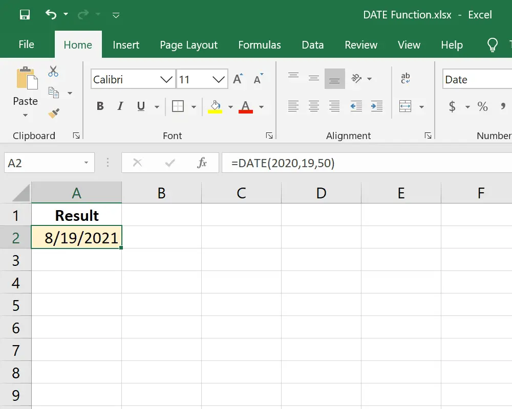 Voorbeeld van de DATE-functie in Excel