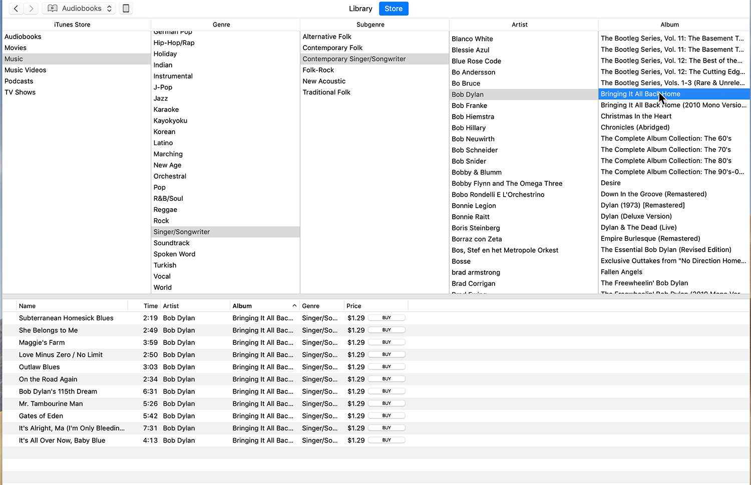 De resultaten van browsen in iTunes voor muziek