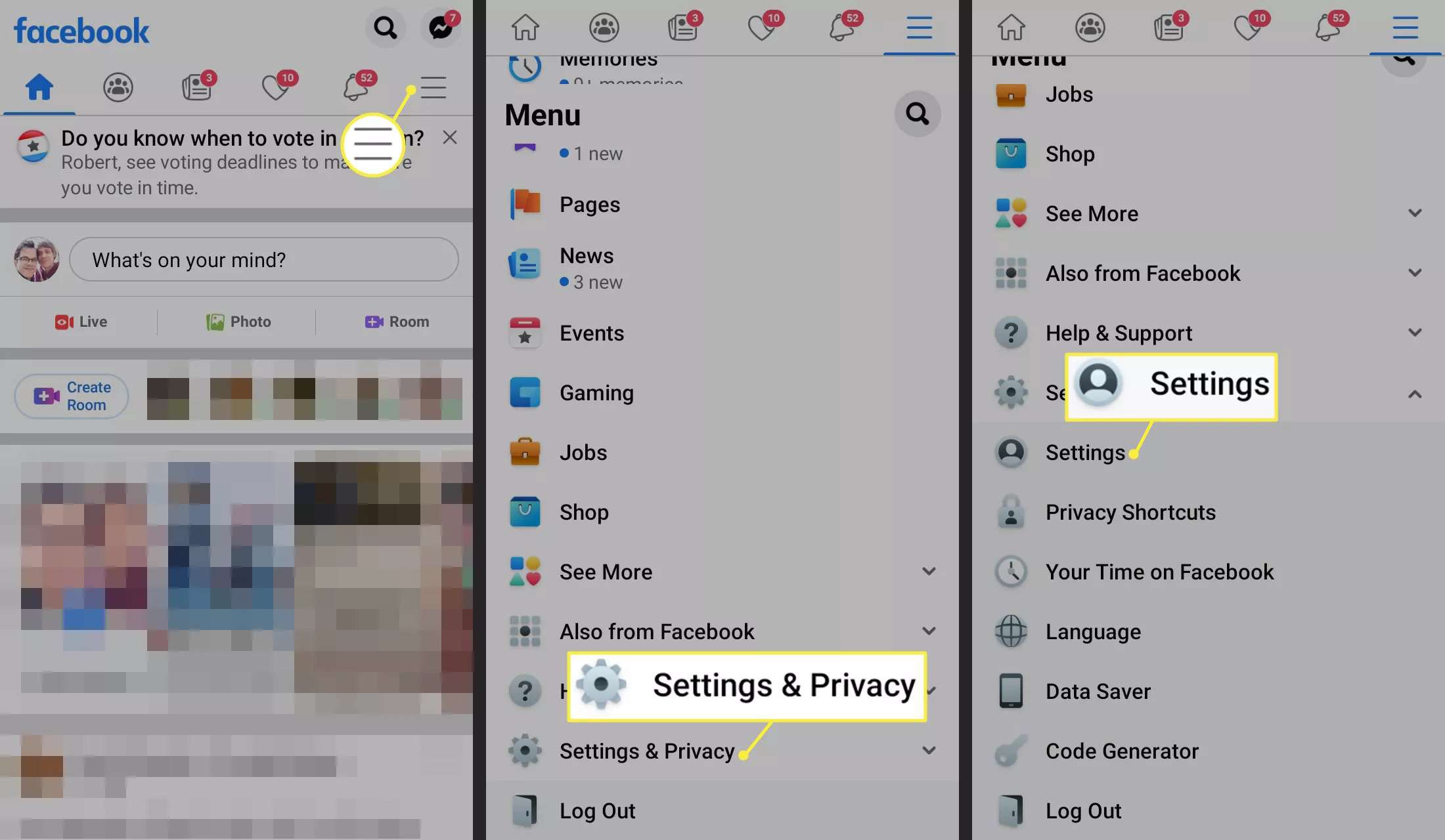 Menupictogram, Instellingen & Privacy en Instellingen in de Facebook-app