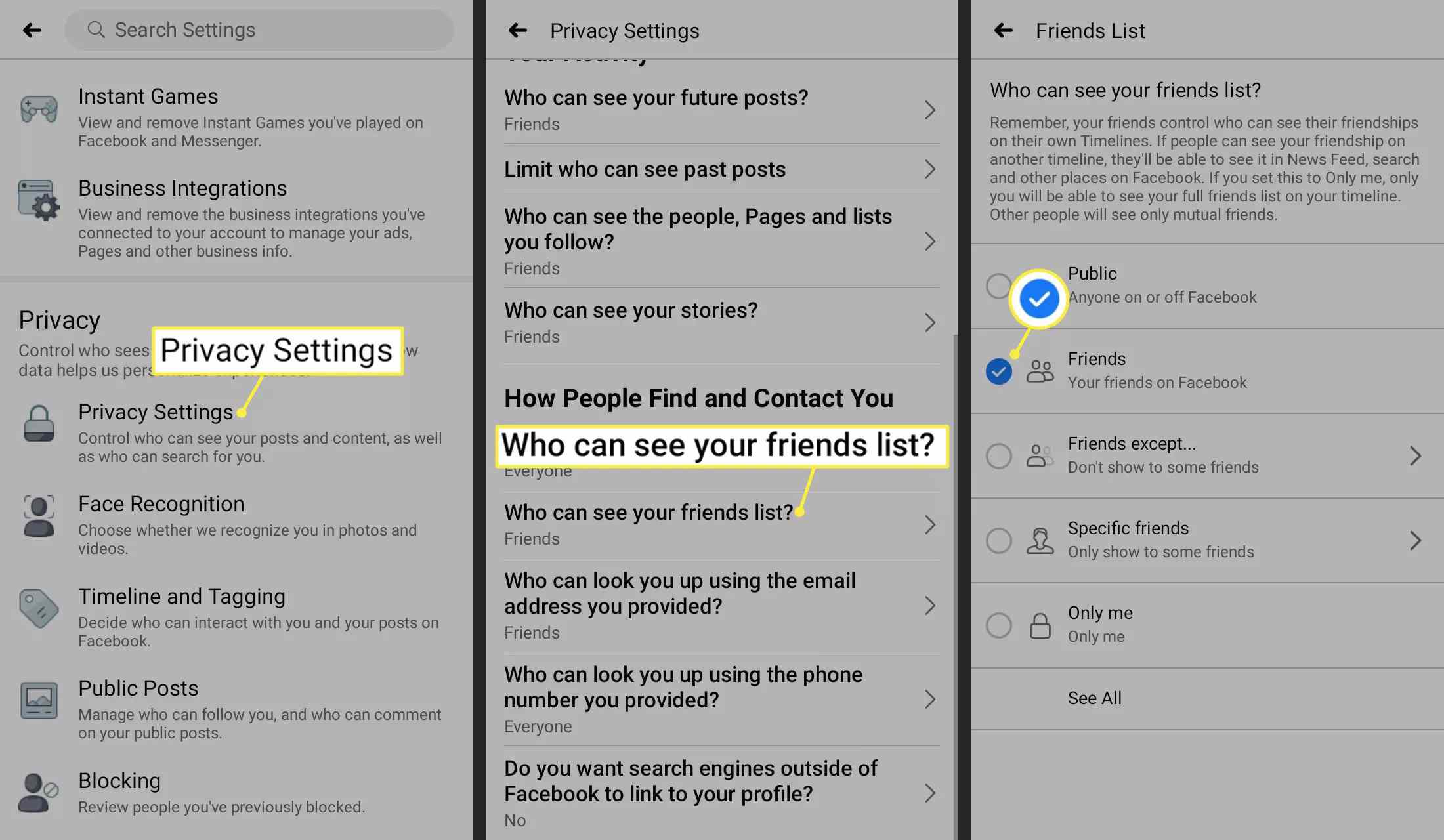 Privacy-instellingen, wie de lijst van je vrienden kan zien en vinkje in de Facebook-app