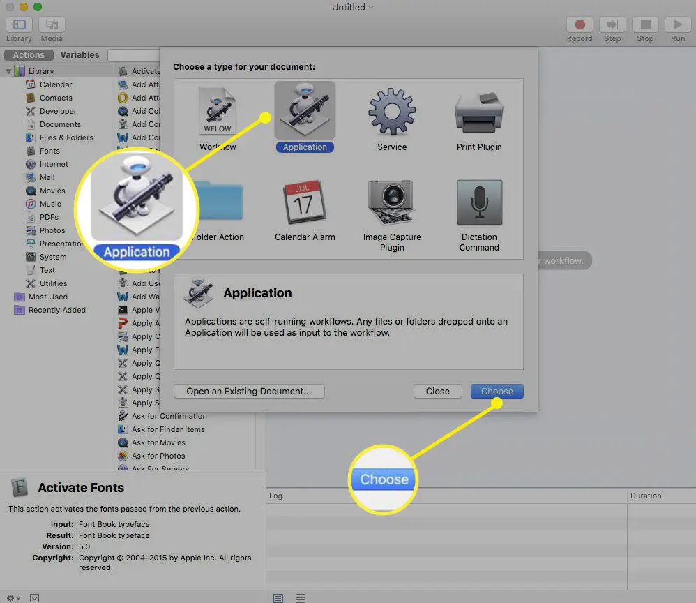 Selecteer toepassing in Automator