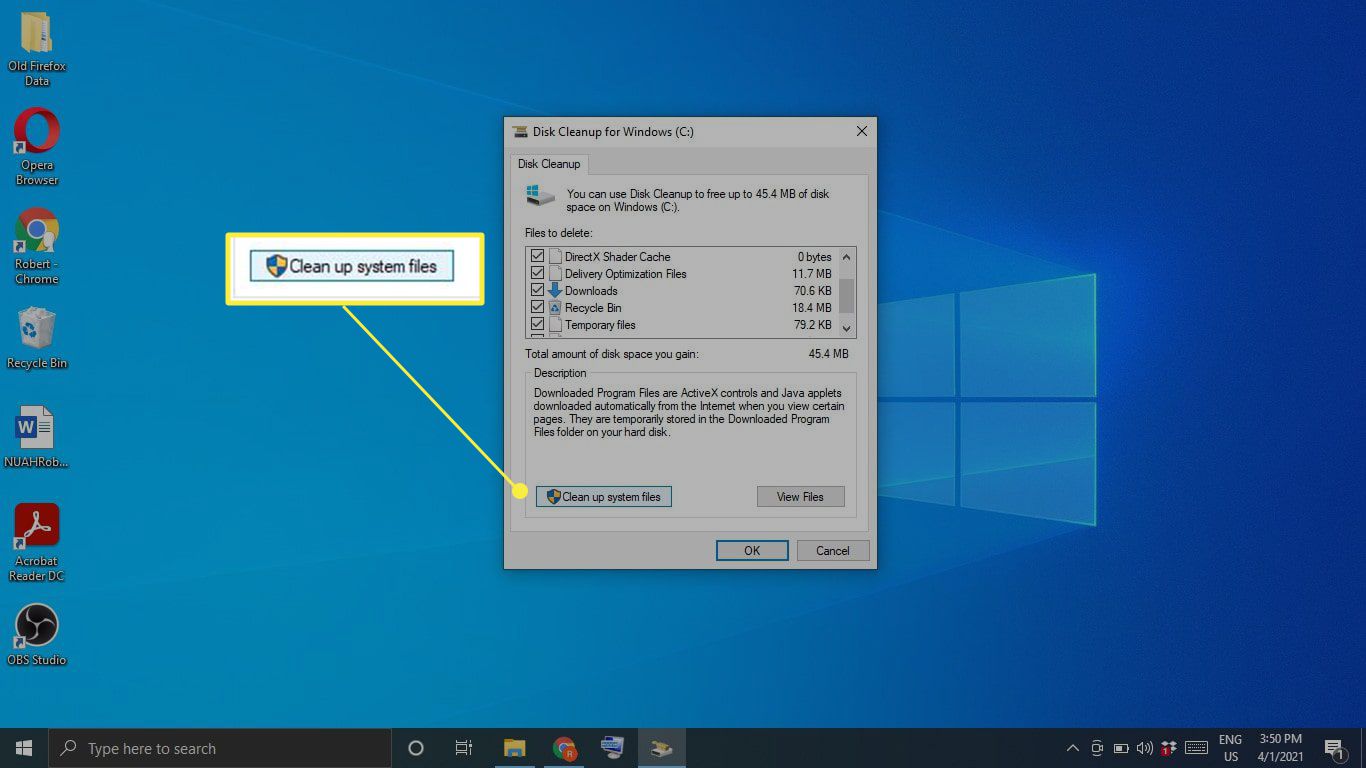 "Systeembestanden opschonen" gemarkeerd in Windows Schijfopruiming