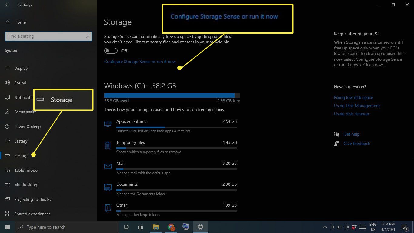 Opslag en "Configureer Storage Sense of voer het nu uit" gemarkeerd in de systeeminstellingen van Windows