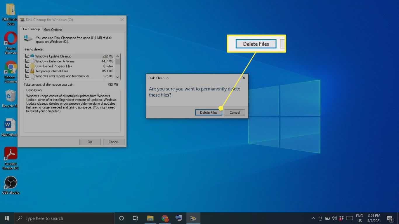 "Bestanden verwijderen" gemarkeerd in Windows Schijfopruiming