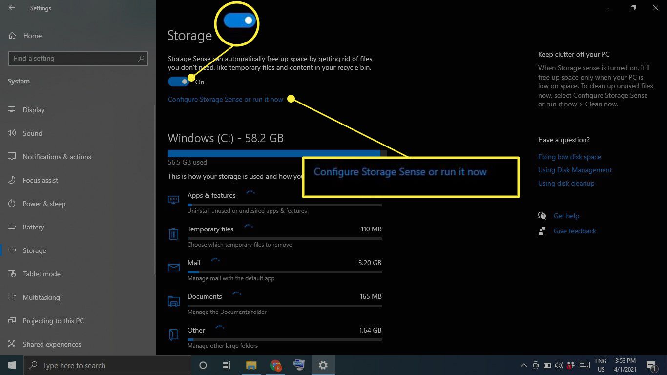 Windows 10 Storage Sense-schakelaar en "Configureer opslag" gemarkeerd