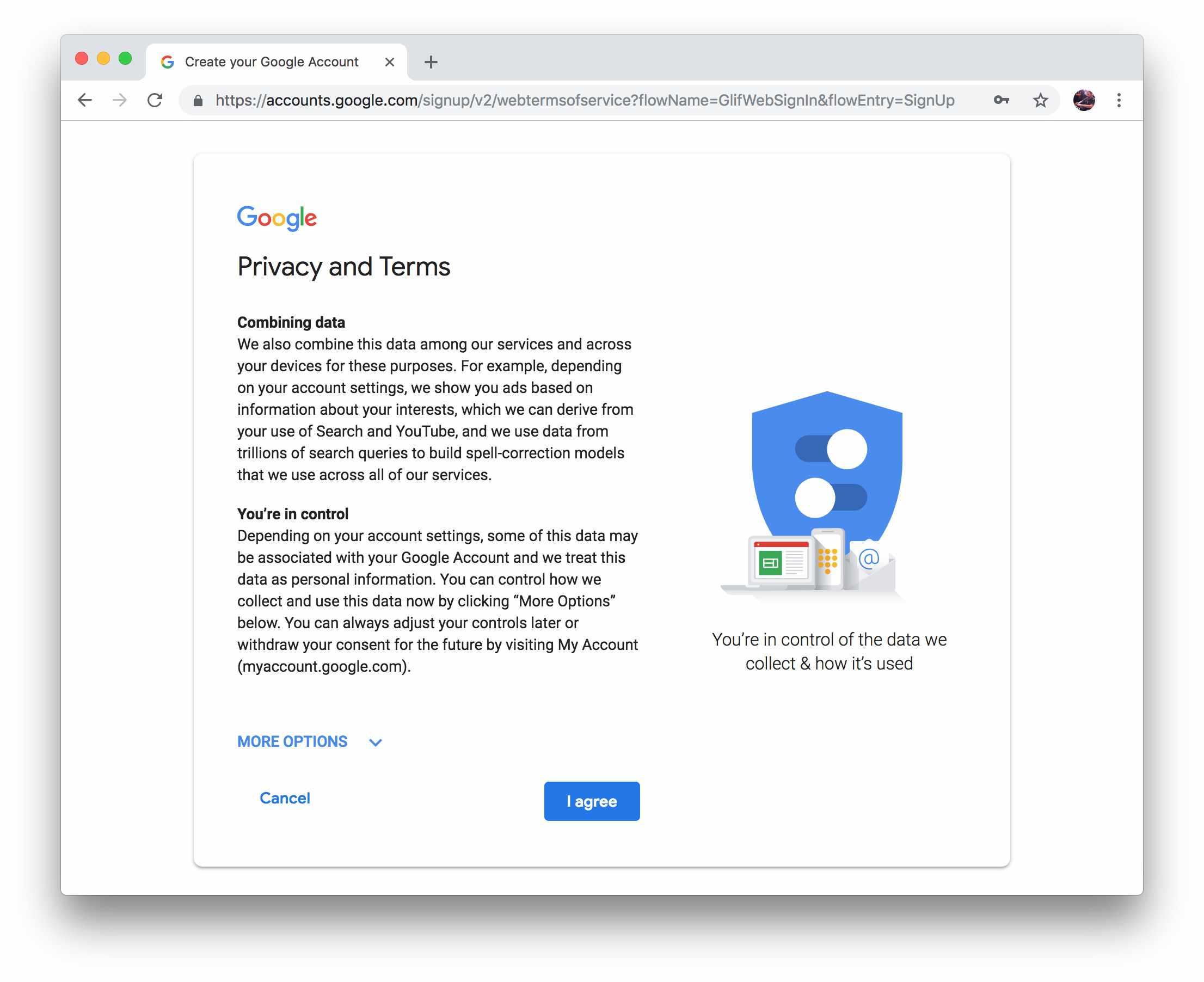 Privacy- en voorwaardenscherm voor Google-account