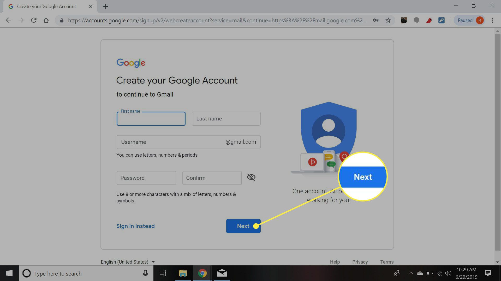 Een screenshot van de pagina voor het maken van een account van Google met de knop Volgende gemarkeerd