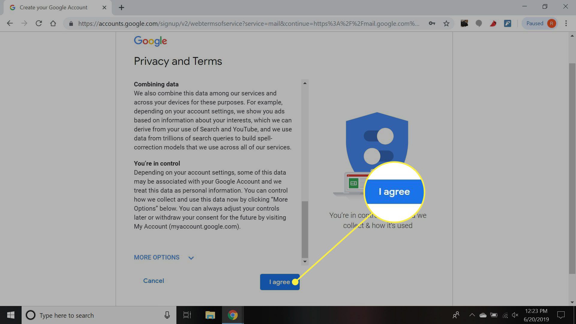 Een screenshot van de privacy- en voorwaardenpagina van Google met de "Ik ga akkoord" knop gemarkeerd