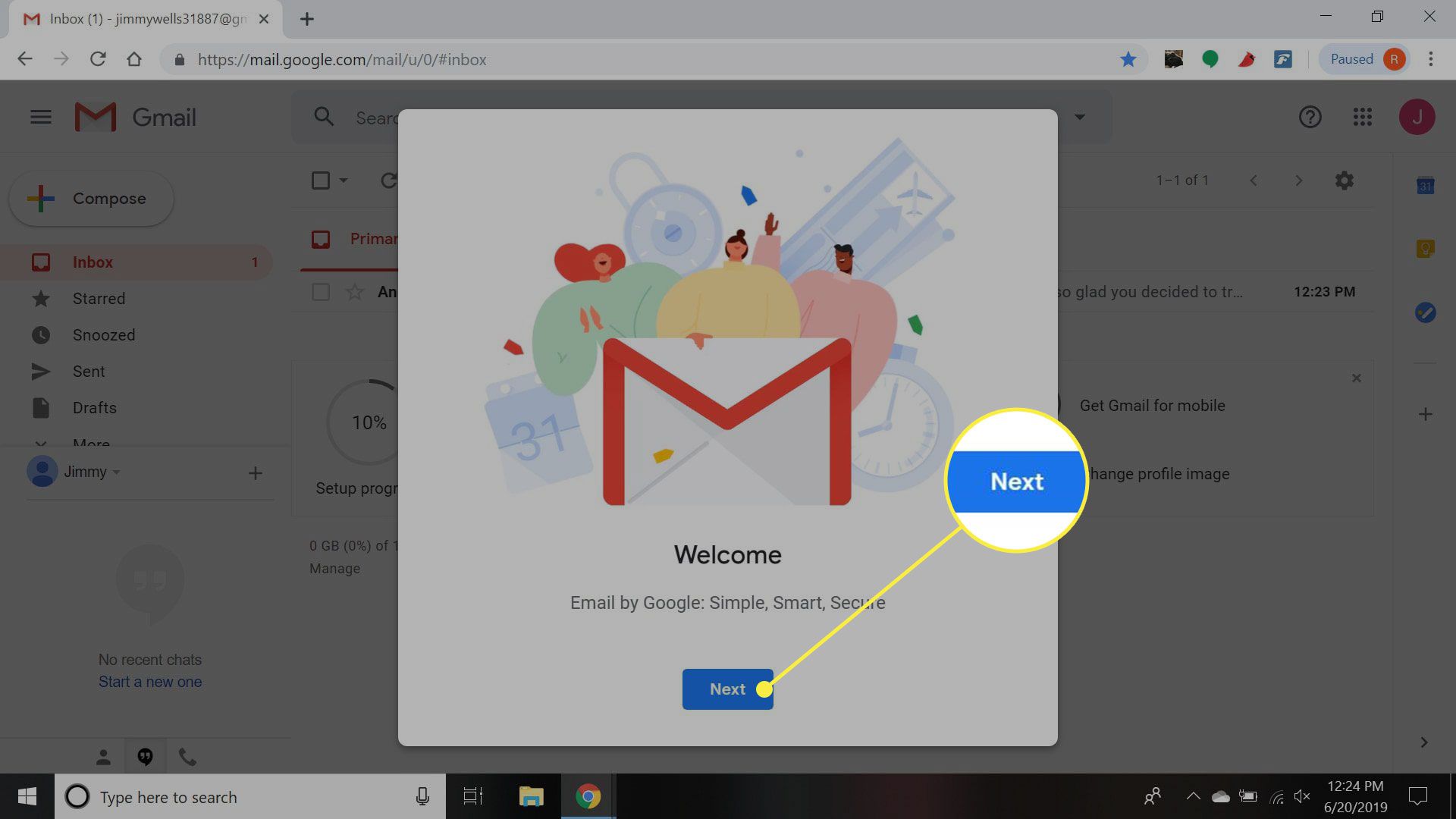 Een screenshot van de welkomstpagina van Gmail met de knop Volgende gemarkeerd