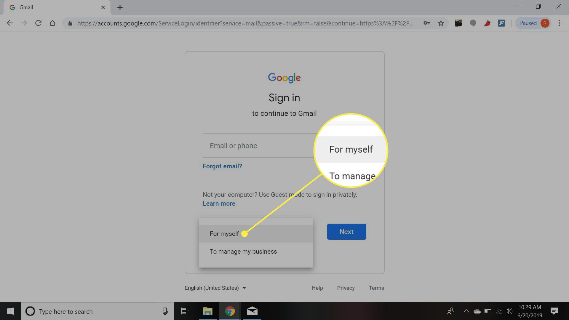 Een screenshot van de aanmeldingspagina van Gmail met de "Voor mezelf" optie gemarkeerd