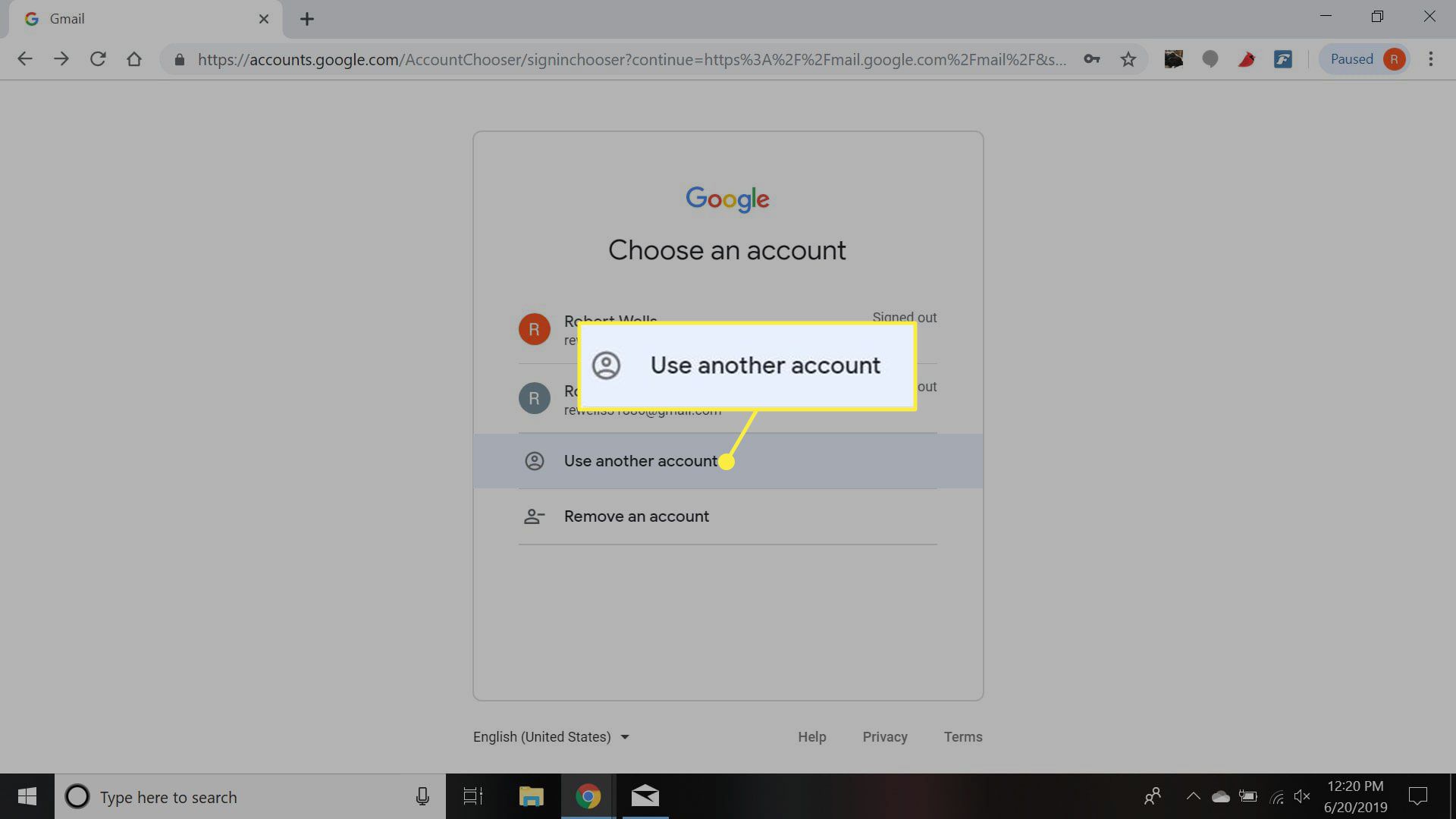 Een screenshot van de Gmail-accountselectiepagina met de link Een ander account gebruiken gemarkeerd
