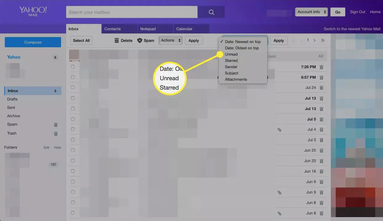 De optie Ongelezen in het sorteermenu in Yahoo mail
