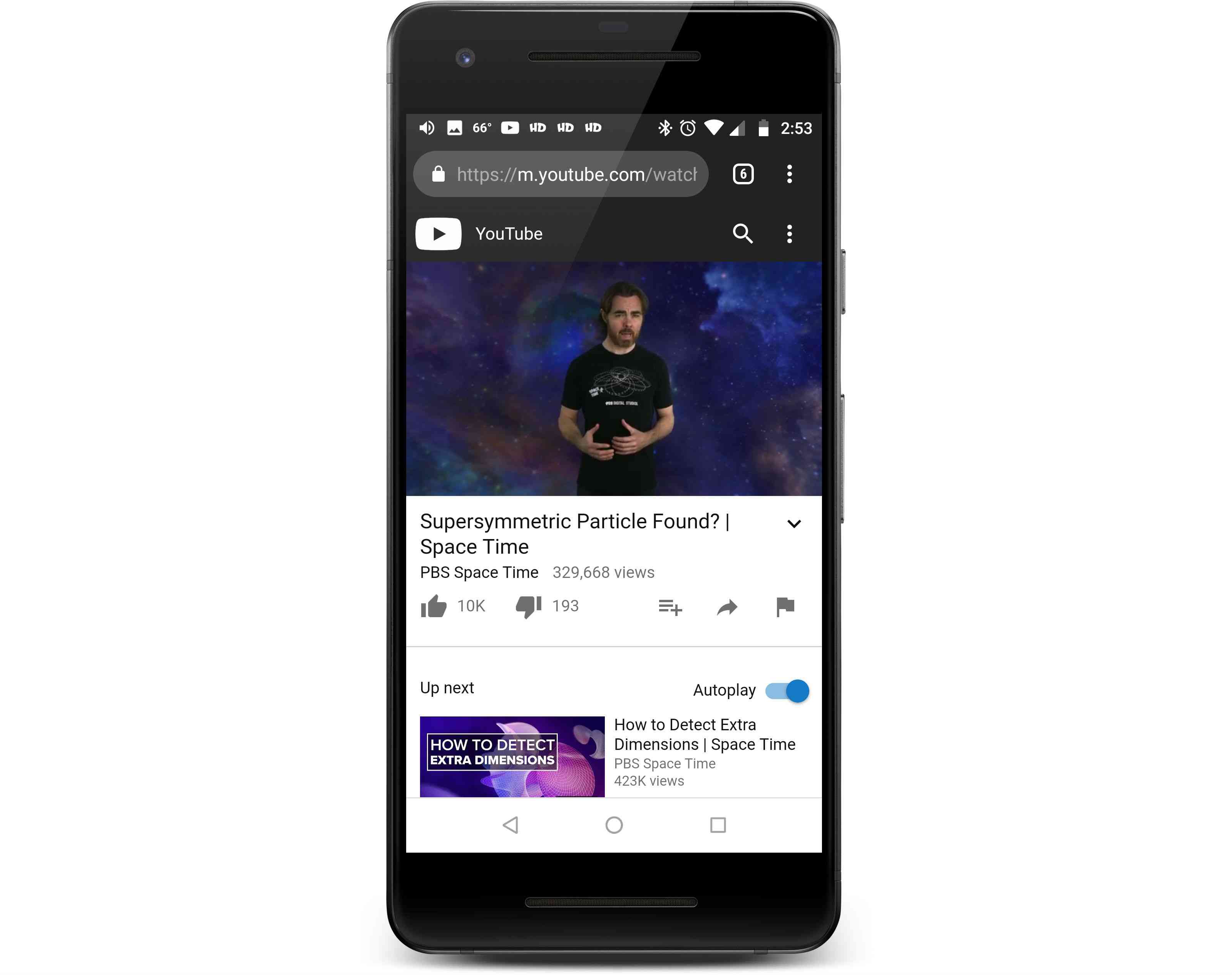 Een YouTube-video die wordt afgespeeld op een Android-apparaat in een mobiele webbrowser.