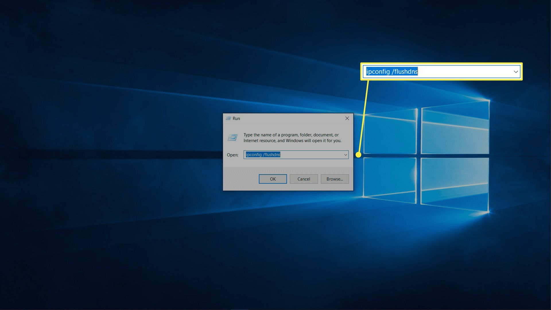 Het dialoogvenster Uitvoeren gebruiken om DNS op Windows 10 door te spoelen.