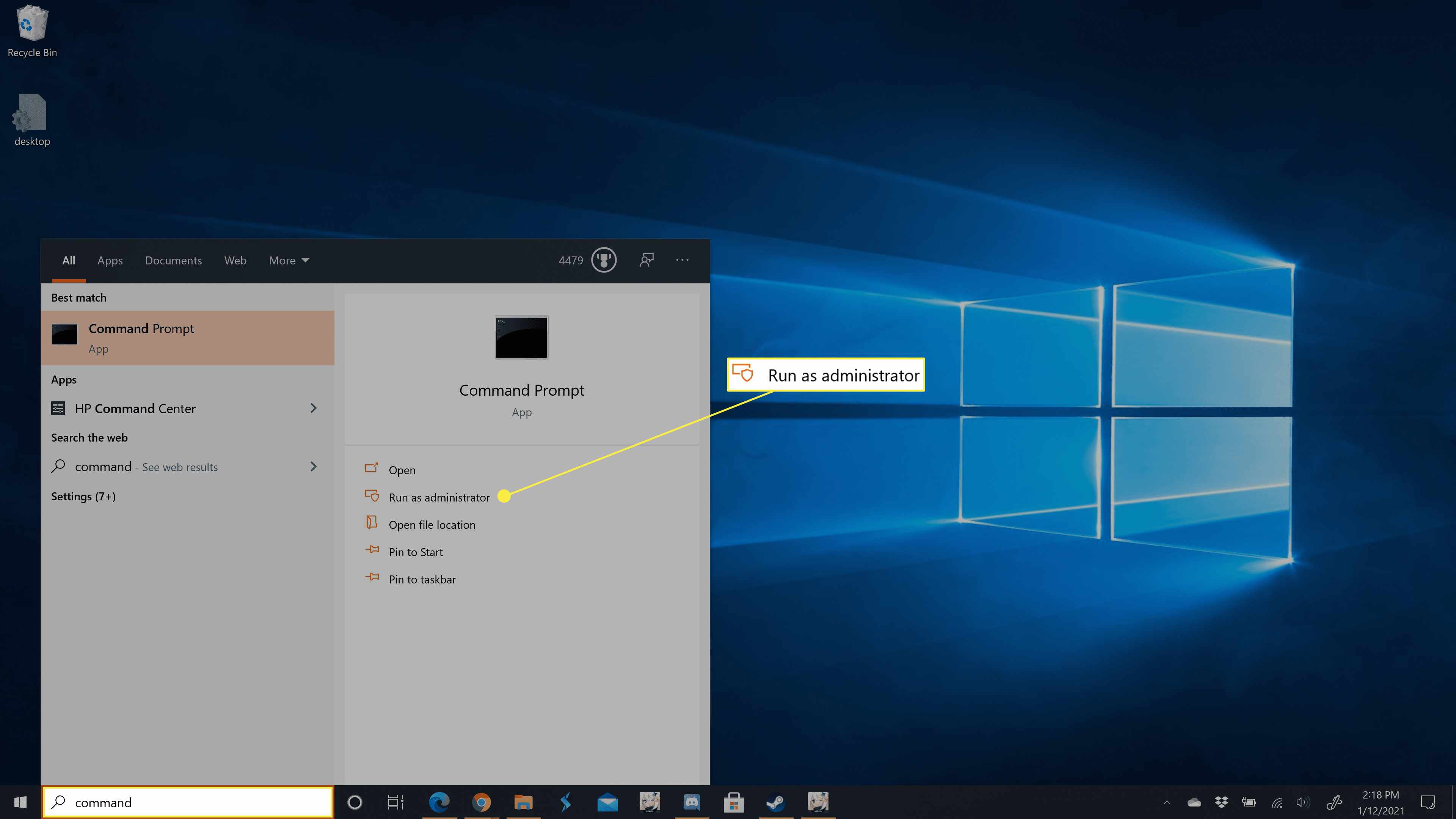 Opdrachtprompt in de Windows 10 taakbalk zoeken.