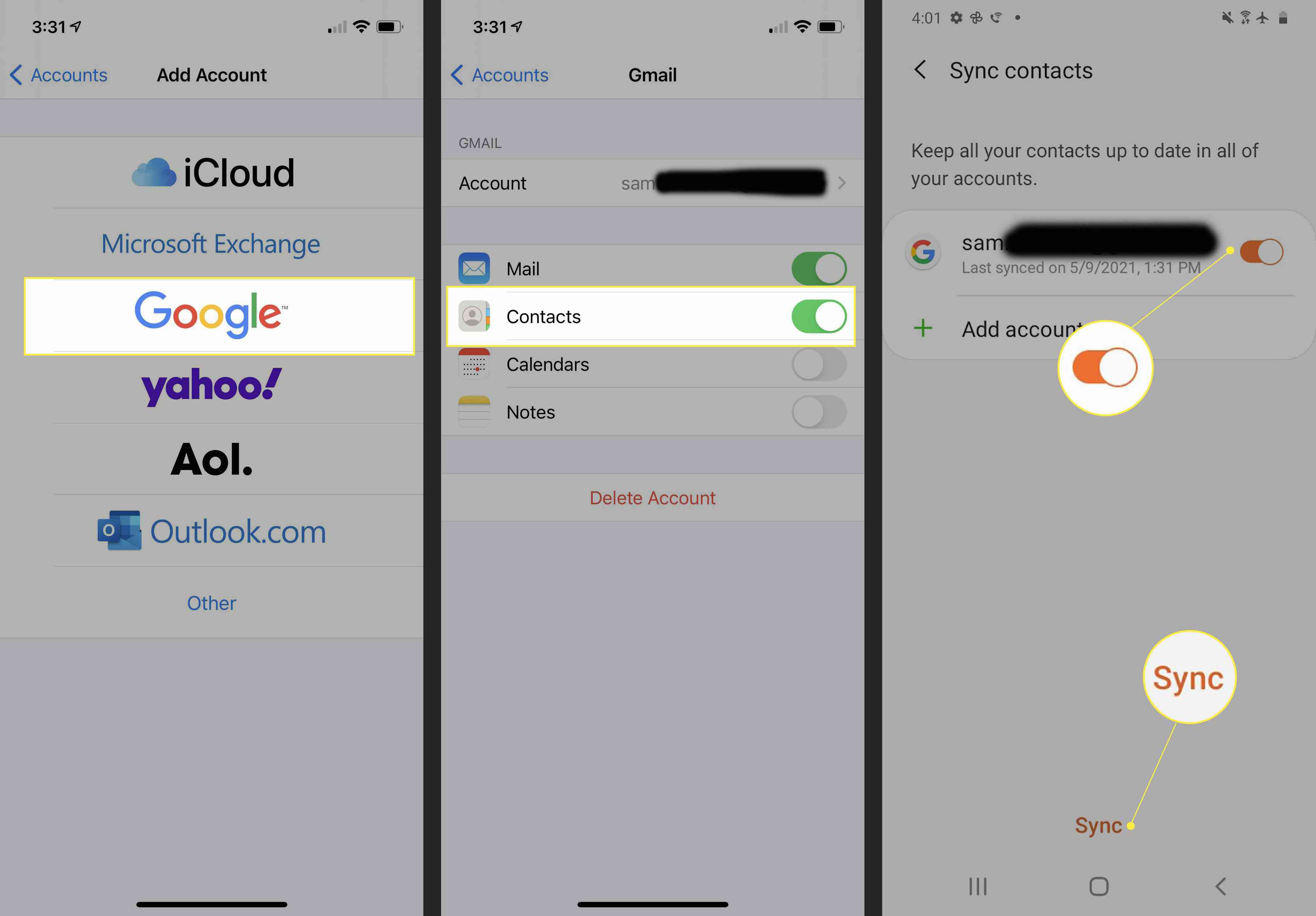 Synchroniseer contacten op de iPhone door Contacten van uw Google-account in te schakelen.