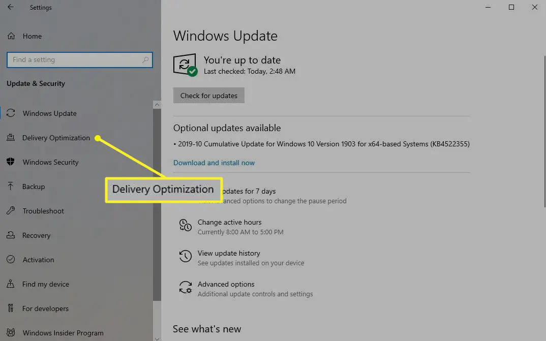 Update & Beveiligingsscherm in Windows met Delivery Optimization gemarkeerd