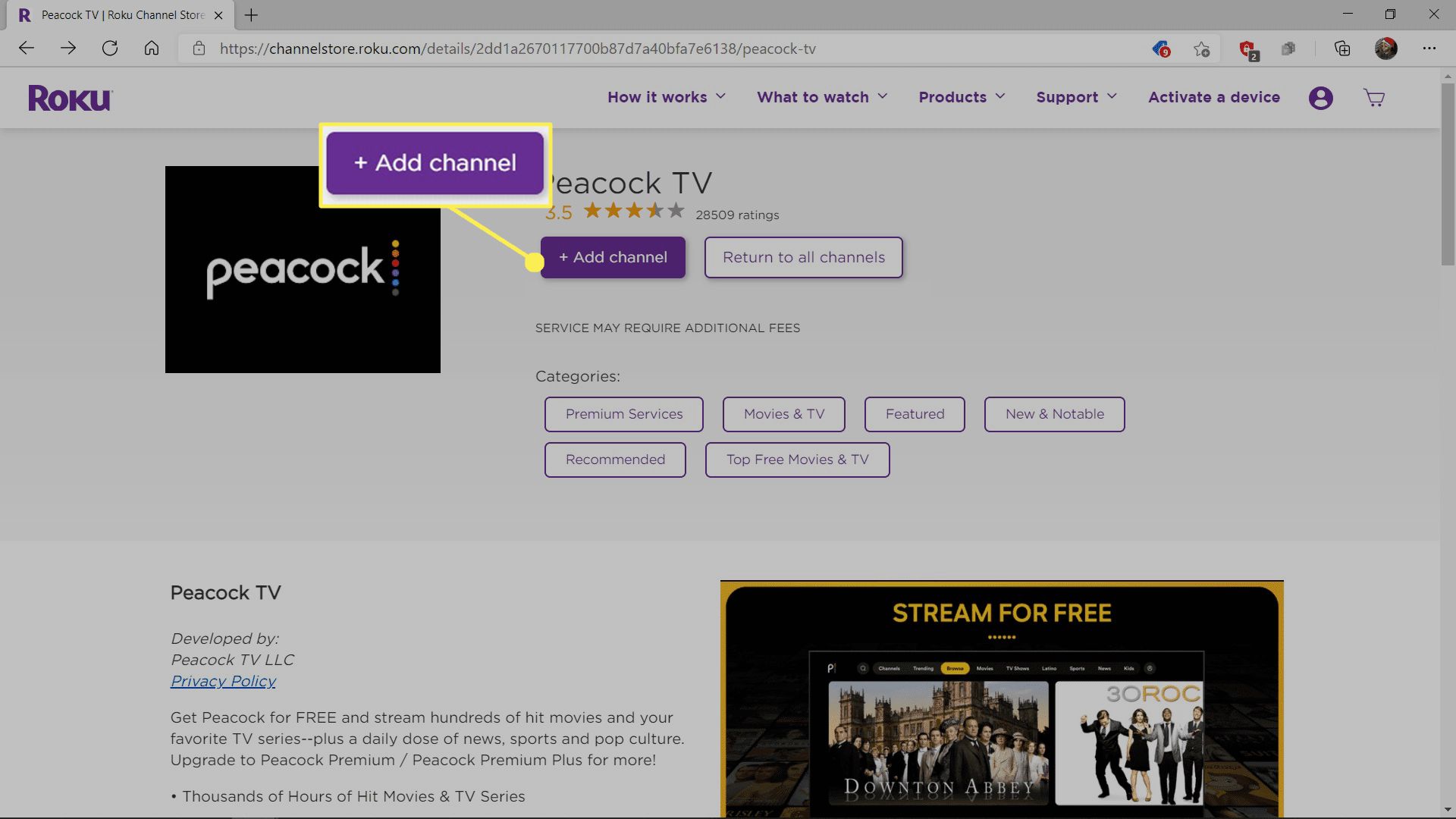 Voeg een kanaal toe dat is gemarkeerd in de Peacock TV-lijst in de Roku Channel Store.