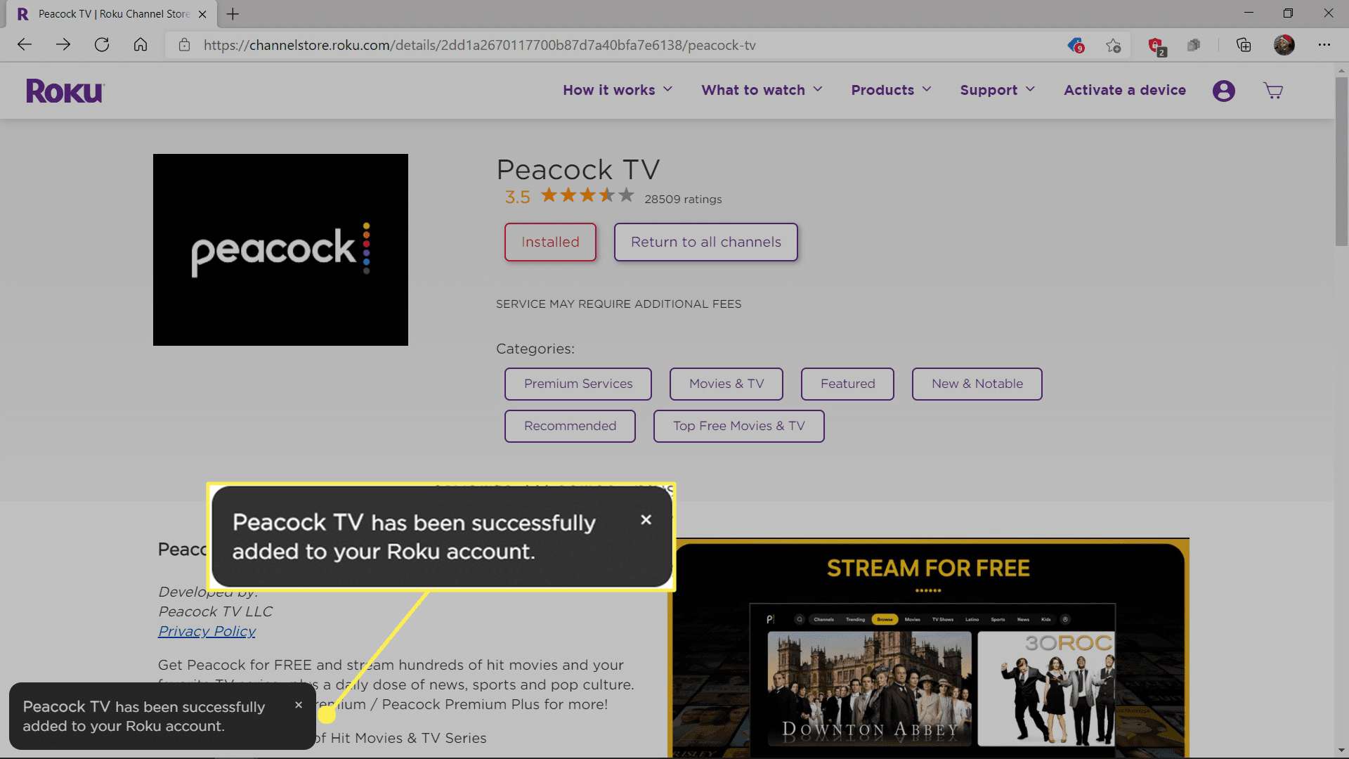 Peacock TV succesvol toegevoegd vanuit de Roku Channel Store.