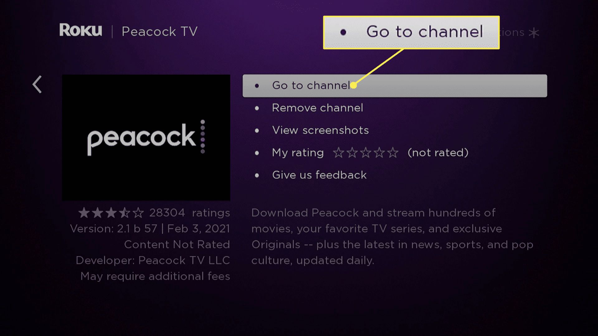 Ga naar het gemarkeerde kanaal op Peacock TV op Roku.