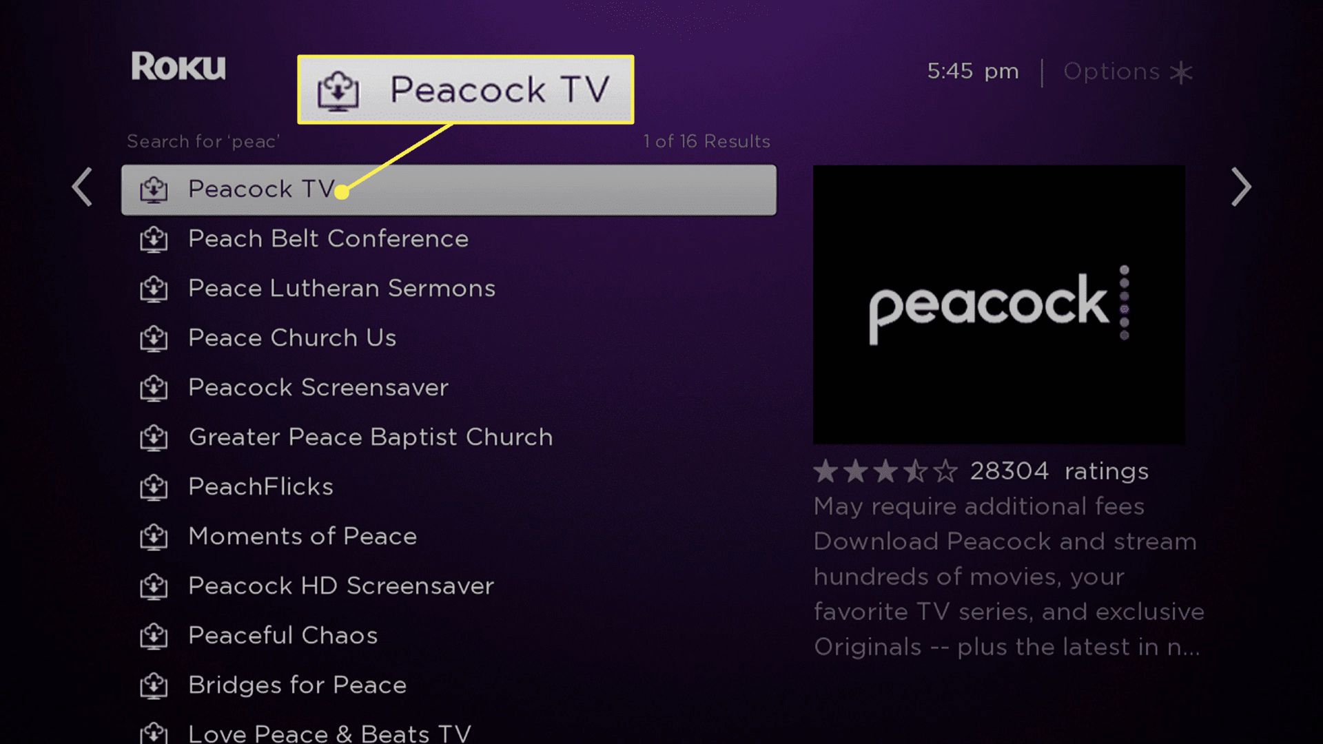 Roku-zoekresultaten met Peacock TV gemarkeerd.