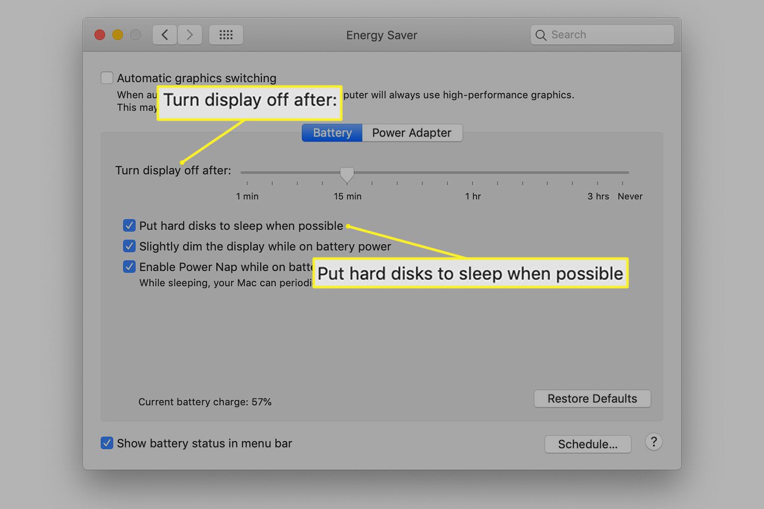 Energiebesparingsopties in Mac-systeemvoorkeuren