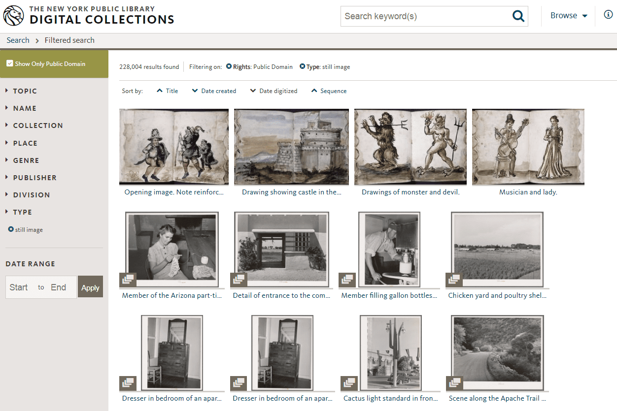 Afbeeldingen uit het publieke domein bij de New York Public Library Digital Collections