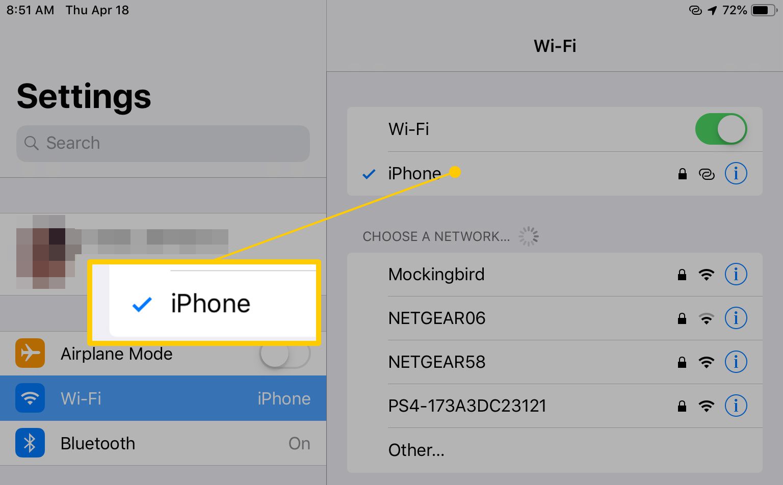 iPhone geselecteerd in de app Wi-Fi-instellingen op iPad