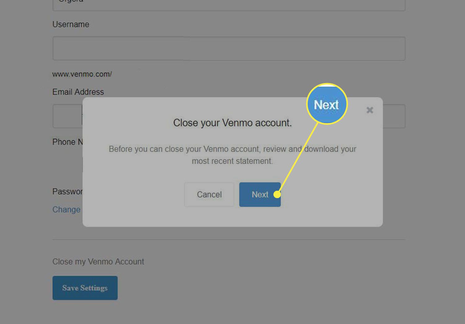 Het waarschuwingsvenster "Sluit uw Venmo-account"