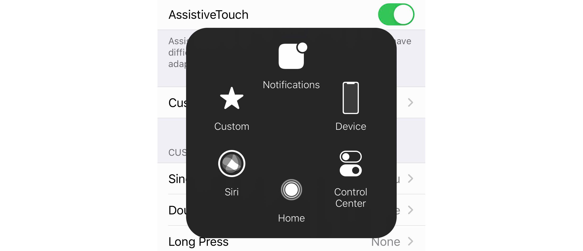 Screenshot van de AssistiveTouch-pop-up op iphone