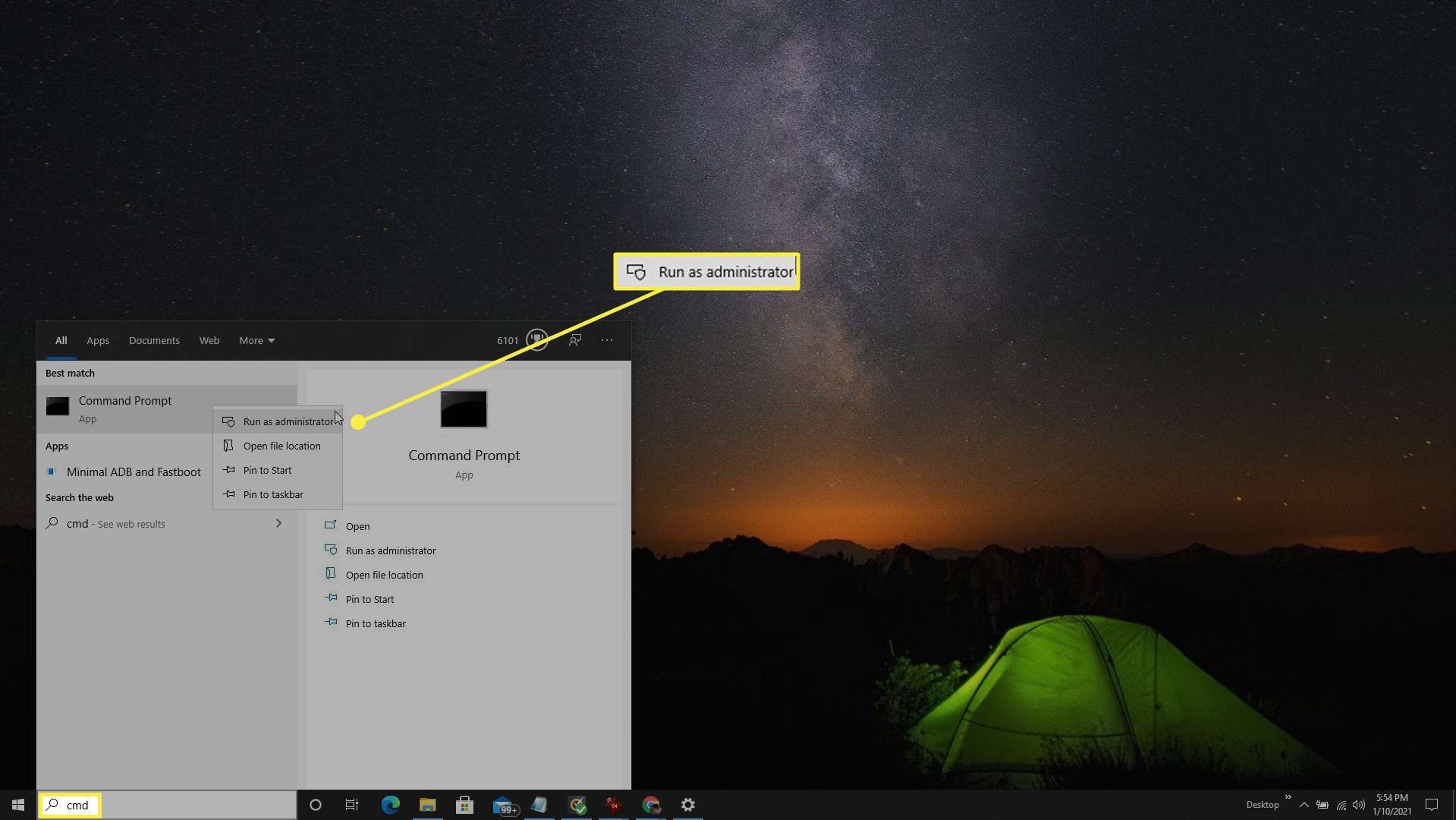 Opdrachtprompt starten in beheerdersmodus in Windows 10.