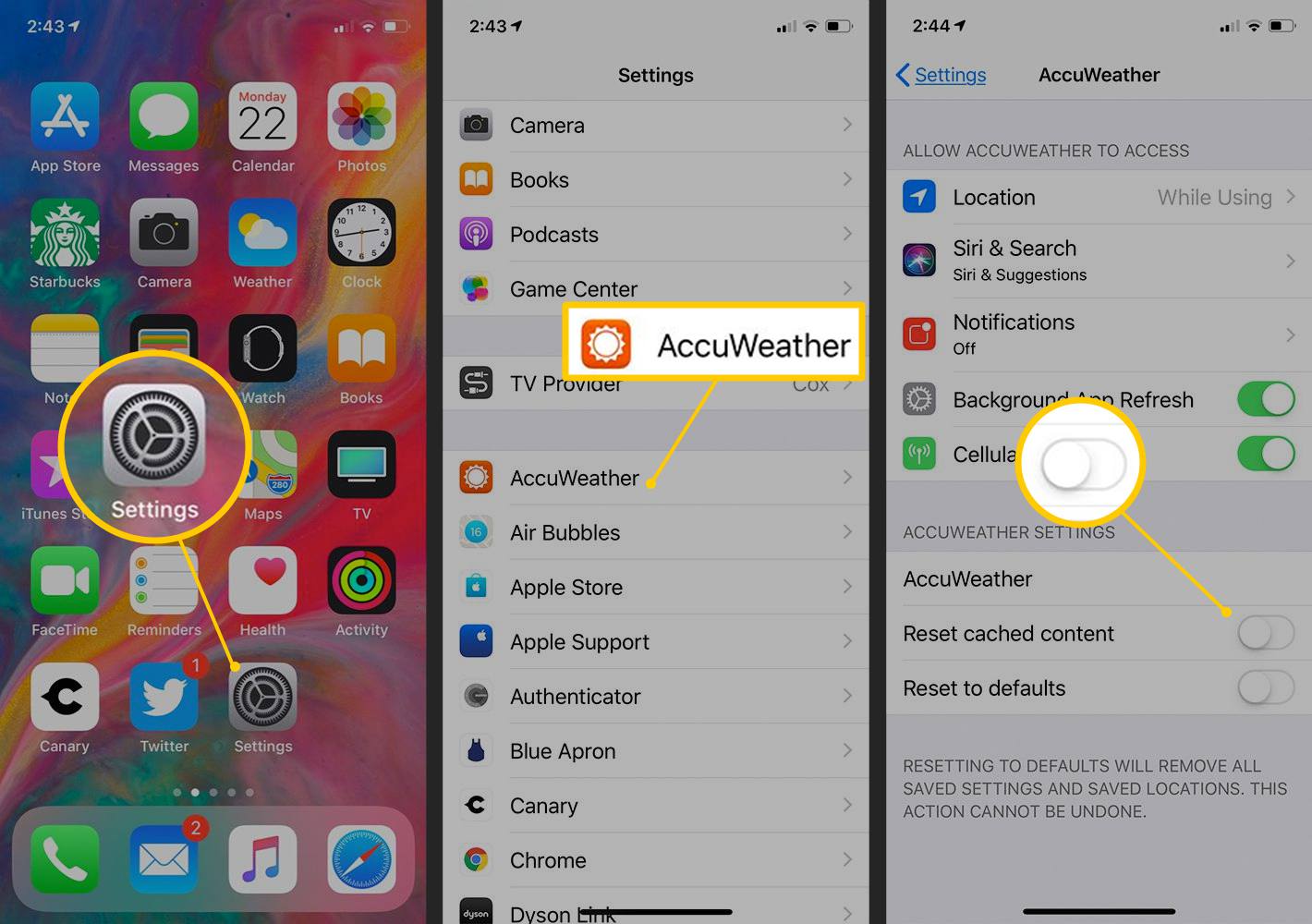 Instellingenpictogram, AcuWeather en schakelaar om inhoud in de cache in iOS te resetten