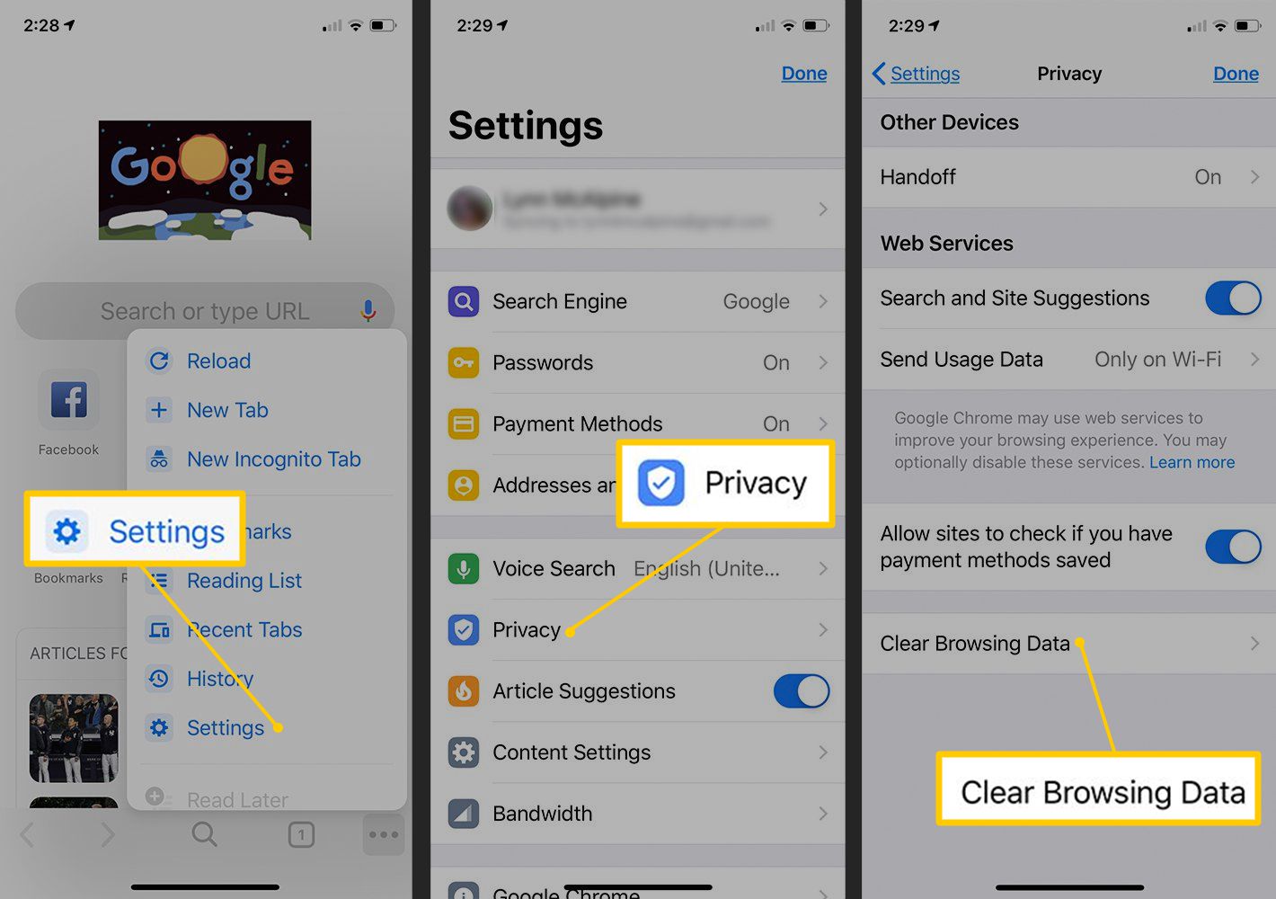 Knoppen Instellingen, Privacy, Browsegegevens wissen in Chrome voor iOS