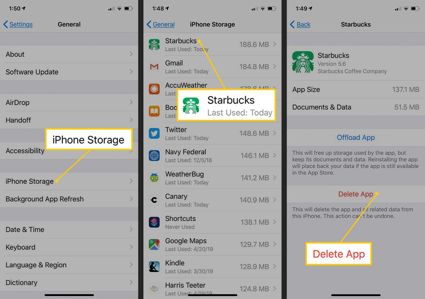 iPhone-opslag, Starbucks-app, app-knoppen verwijderen in iOS-instellingen