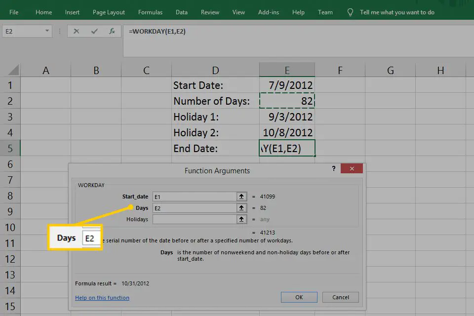 Dagen tekstvak met E2 ingevoerd in Excel