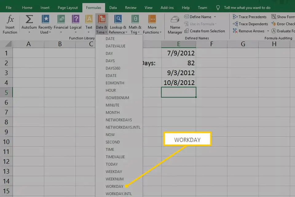 WERKDAG menu-item van Datum & Tijd-knop in Excel