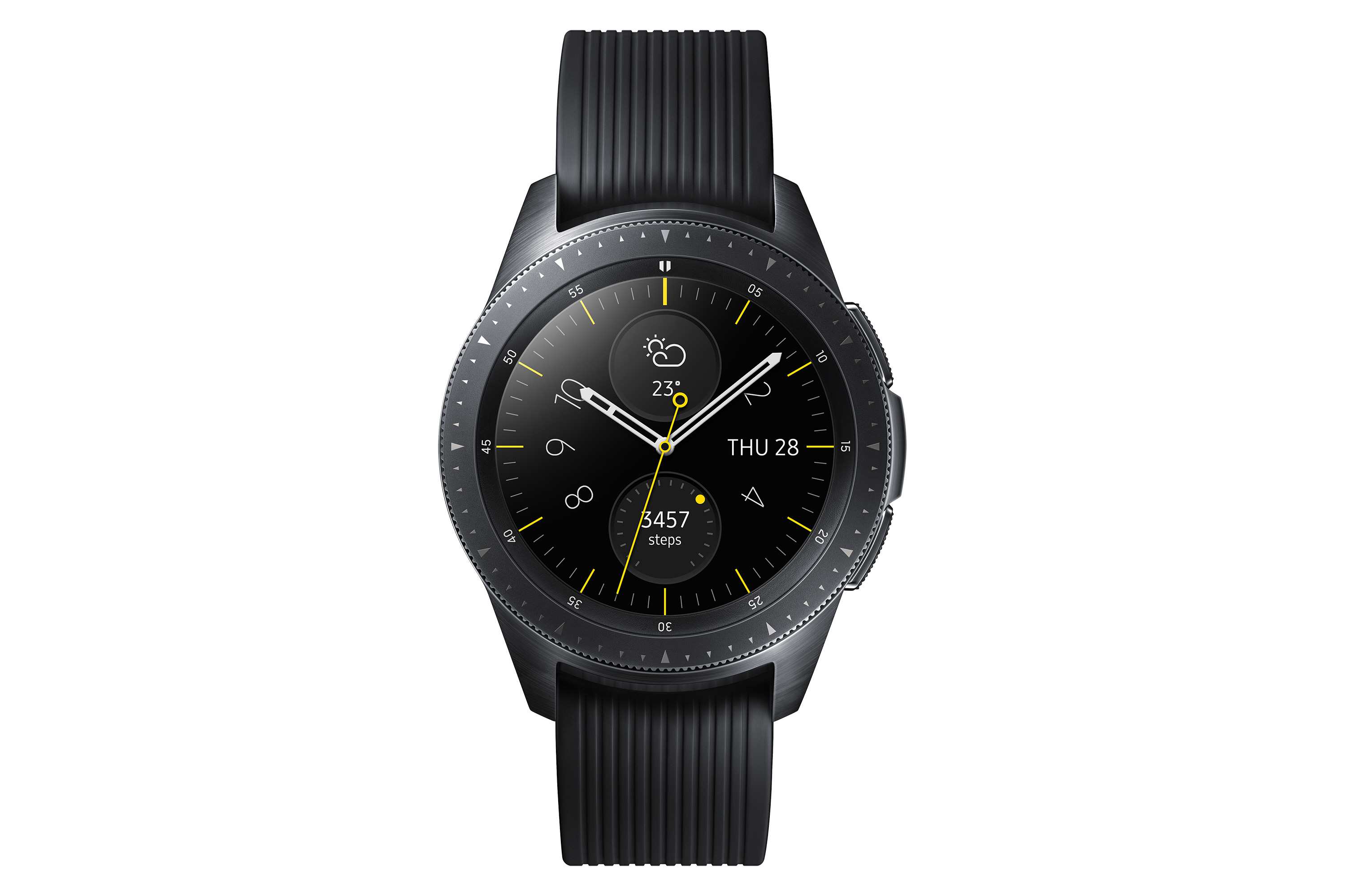 Zwart Samsung Galaxy horloge in 42 mm formaat.