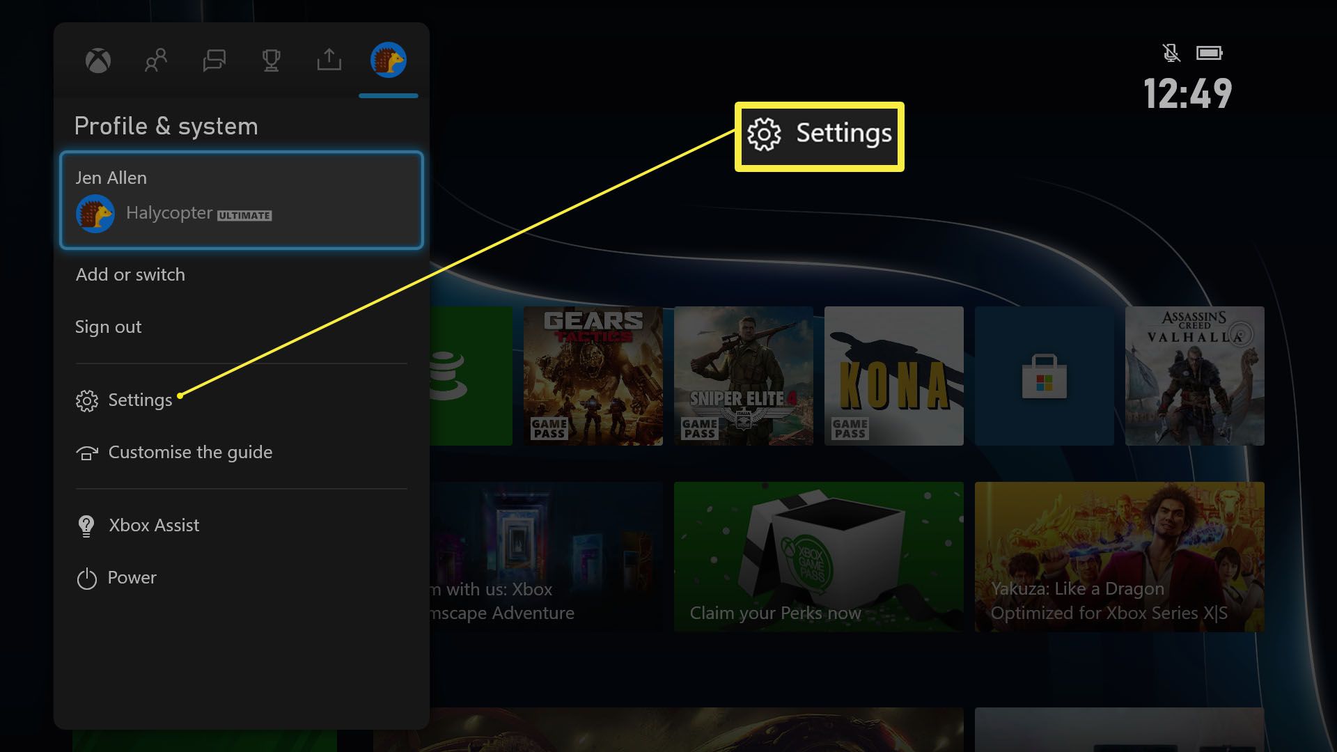 Xbox Series X/S-dashboard met Instellingen gemarkeerd