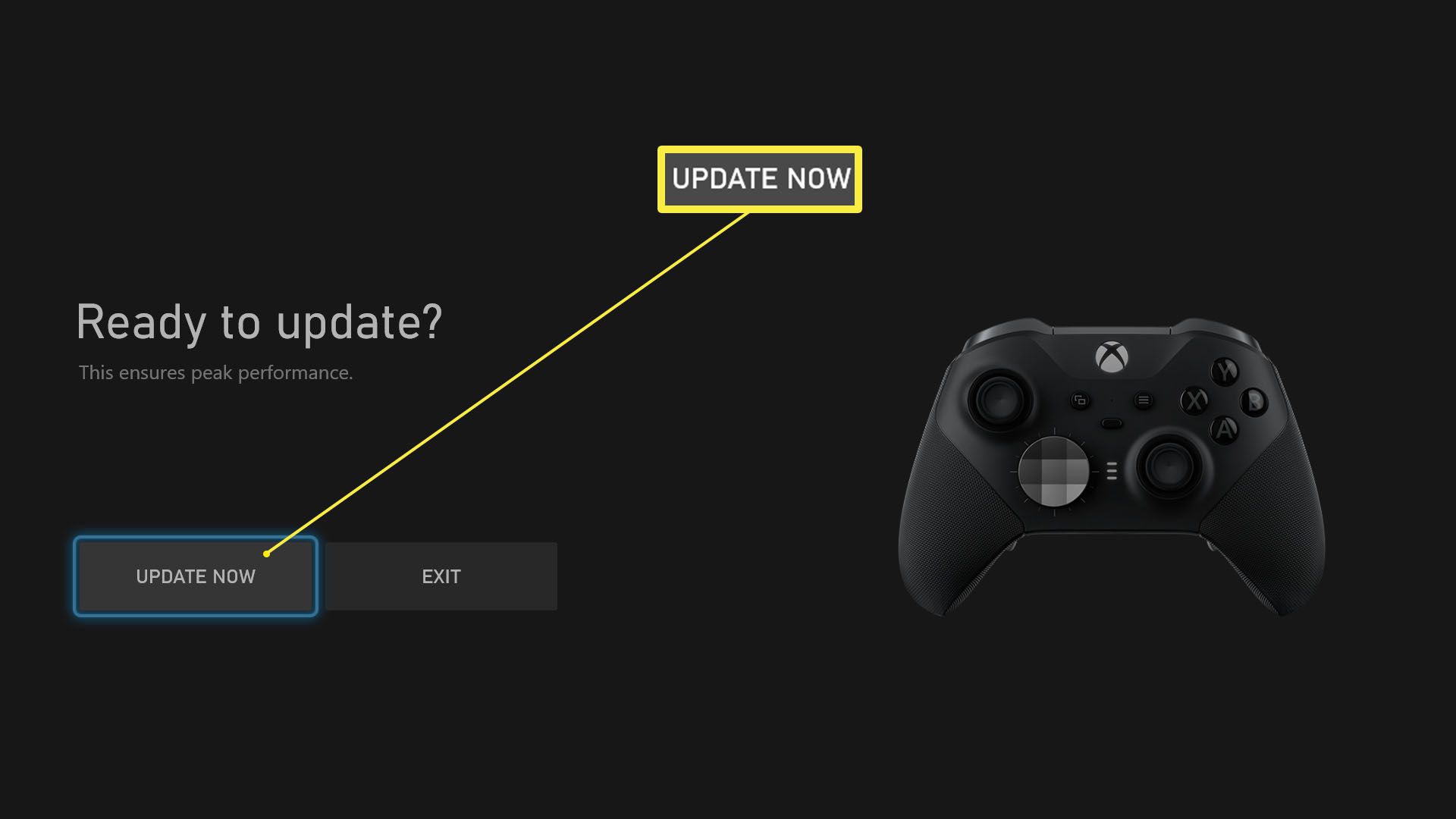 Xbox-controller klaar om te updaten met dialoogvenster Nu bijwerken gemarkeerd