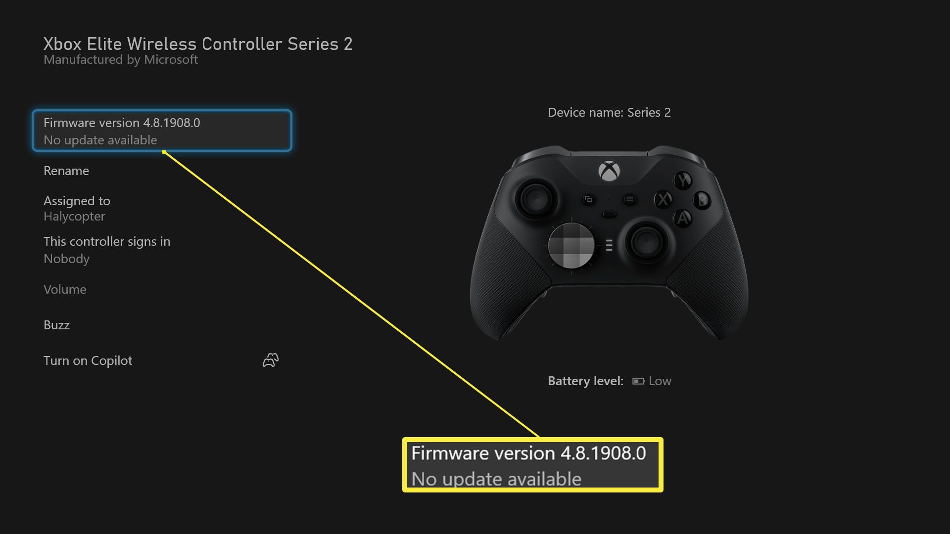 Xbox Accessoires-app met de firmware van een gekozen controller gemarkeerd