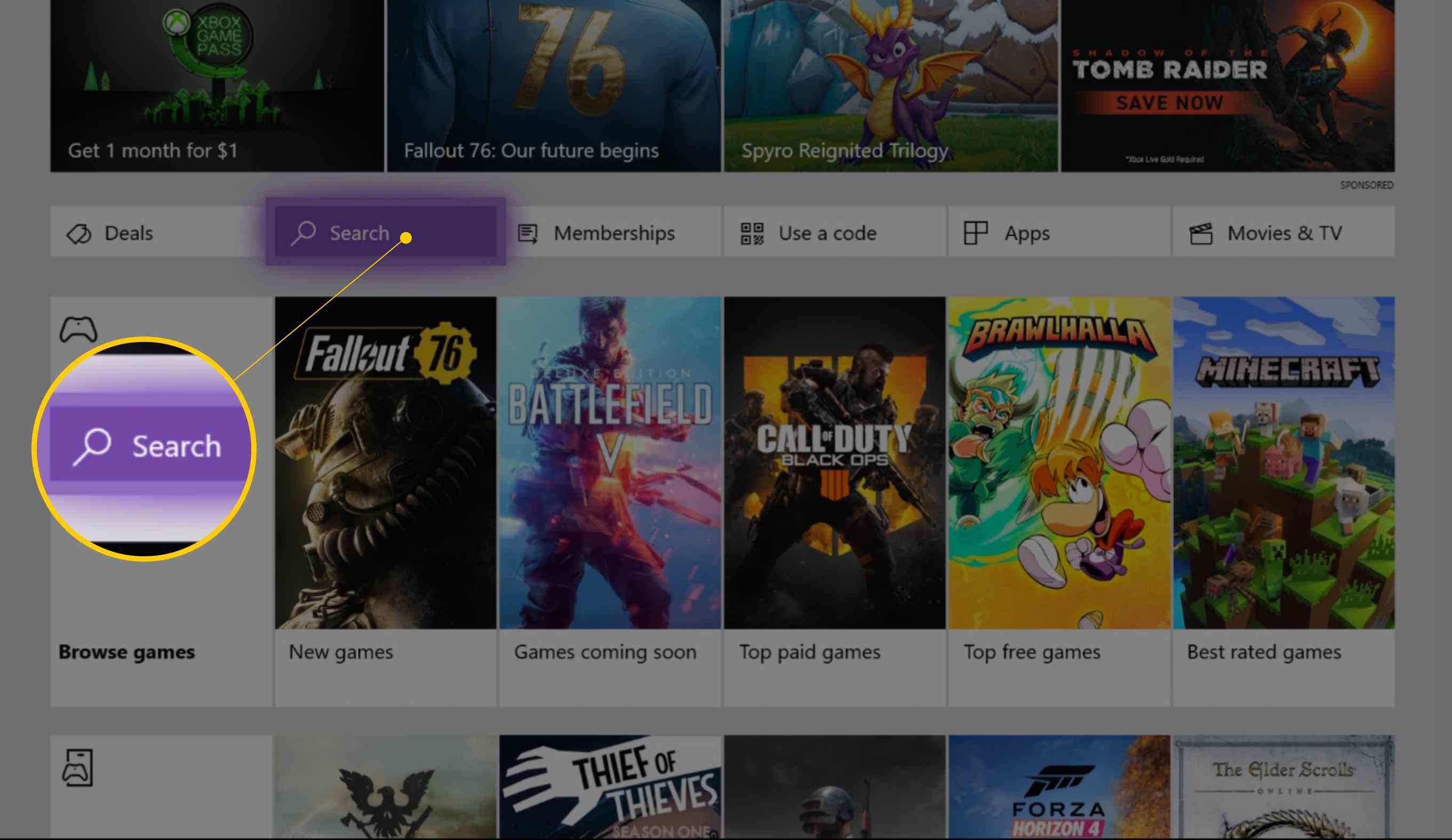 Zoekknop in Xbox One Store
